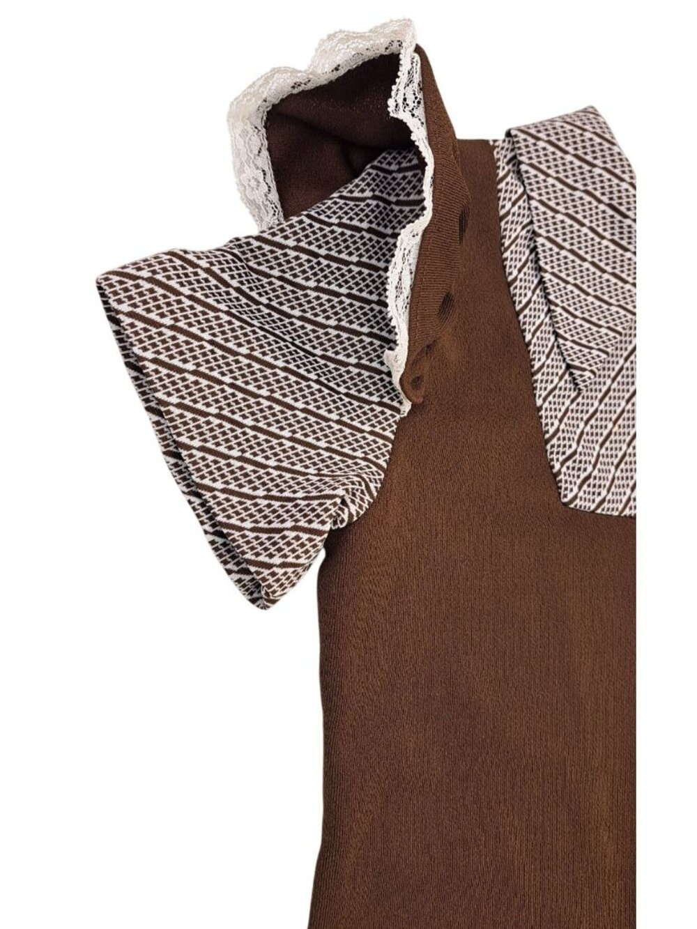 Vintage Girl Dress Polyester Brown Size 12 Lace Trimmed Sleeves Geometric Collar - Picture 5 of 10